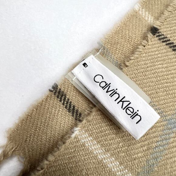 Calvin Klein Acrylic Tan Plaid Fringe Scarf - Picture 5 of 7